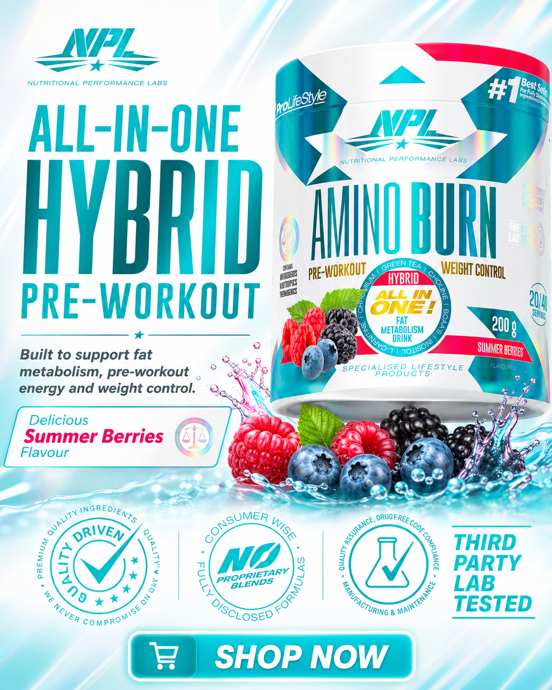 All-in-one hybrid pre-workout Amino Burn — built to support fat metabolism, pre-workout energy and weight control, with caffeine, green tea, L-carnitine, BCAAs and nootropics, zero sugar, Summer Berries flavour