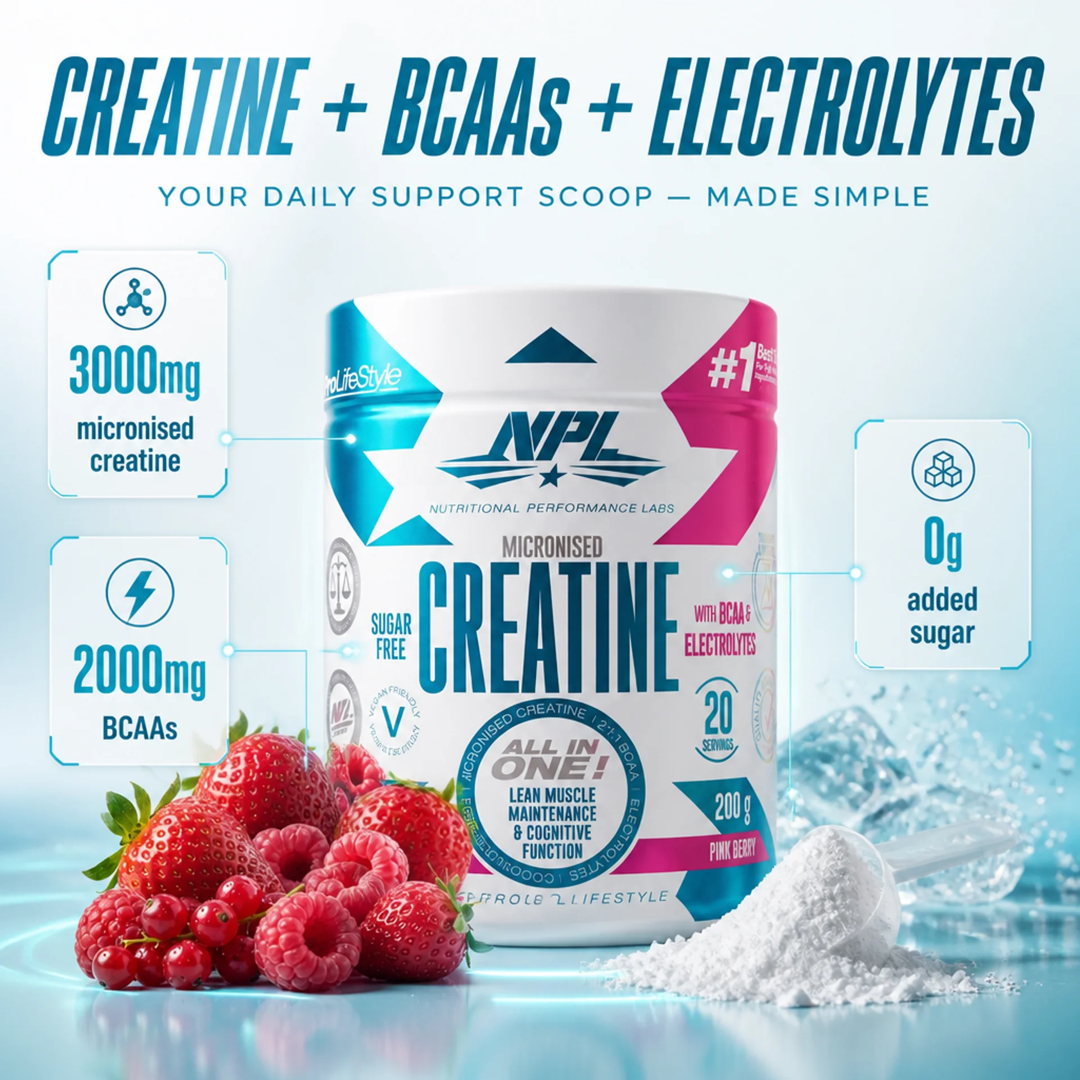 Creatine plus BCAAs and electrolytes — 3000mg micronised creatine, 2000mg BCAAs, 0g added sugar