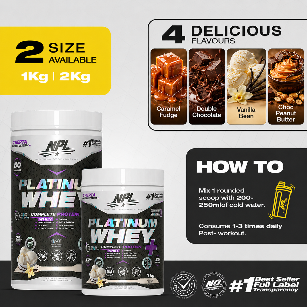 Two sizes 1kg and 2kg, four flavours Caramel Fudge, Double Chocolate, Vanilla Bean and Choc Peanut Butter — mix one rounded scoop with cold water 1 to 3 times daily