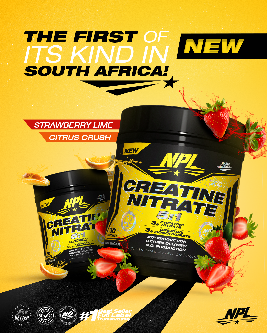 The first creatine nitrate of its kind in South Africa โ Strawberry Lime and Citrus Crush, zero sugar