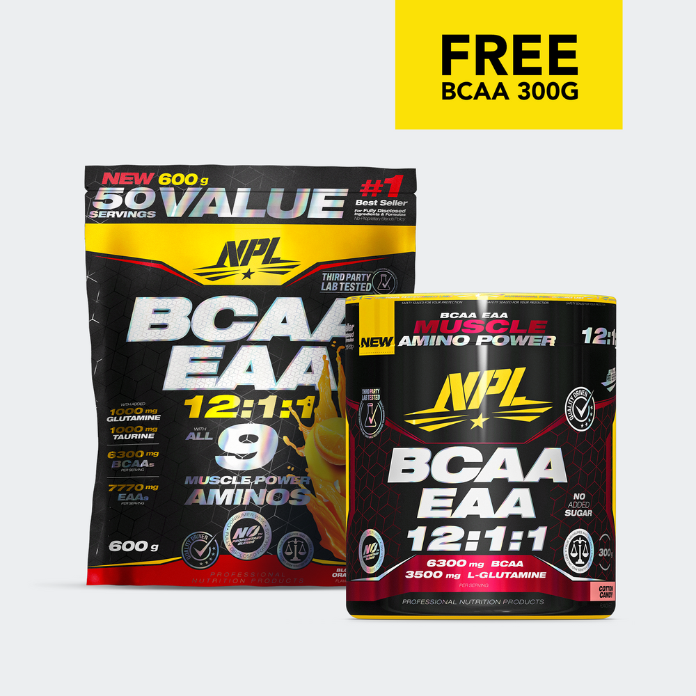 NPL BCAA EAA supplement packaging on a white background with a yellow sticker advertising "Free BCAA 300g" in the top right corner.