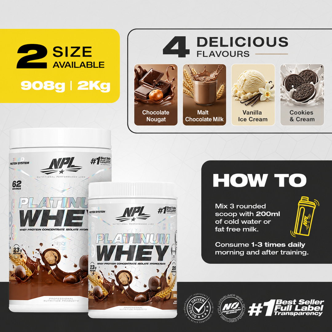 Two sizes 908g and 2kg — flavours include Chocolate Nougat, Malt Chocolate Milk, Vanilla Ice Cream and Cookies and Cream — mix 3 scoops with cold water or fat-free milk