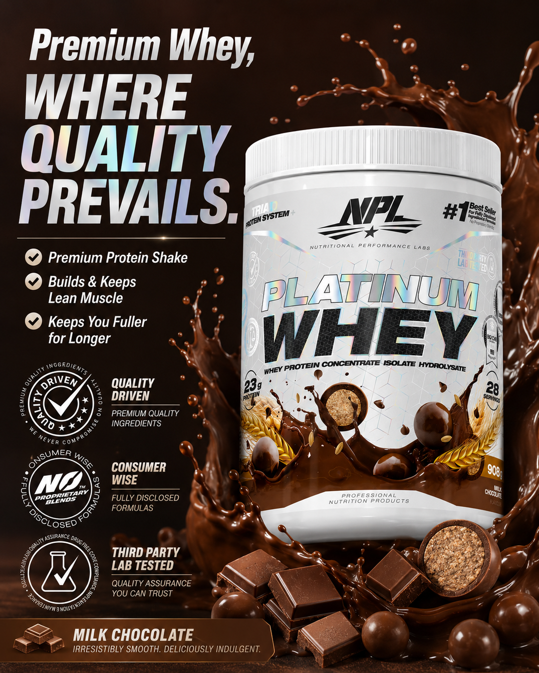 Premium whey where quality prevails — 23g protein, builds and keeps lean muscle, keeps you fuller for longer, third-party lab tested