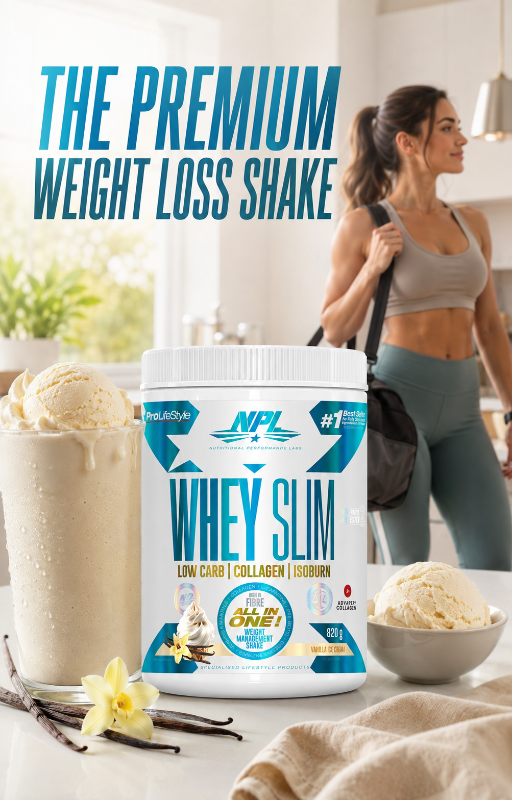 NPL Whey Slim — the premium weight loss shake, 820g Vanilla Ice Cream, low carb with collagen and IsoBurn, high in fibre, all-in-one weight management shake
