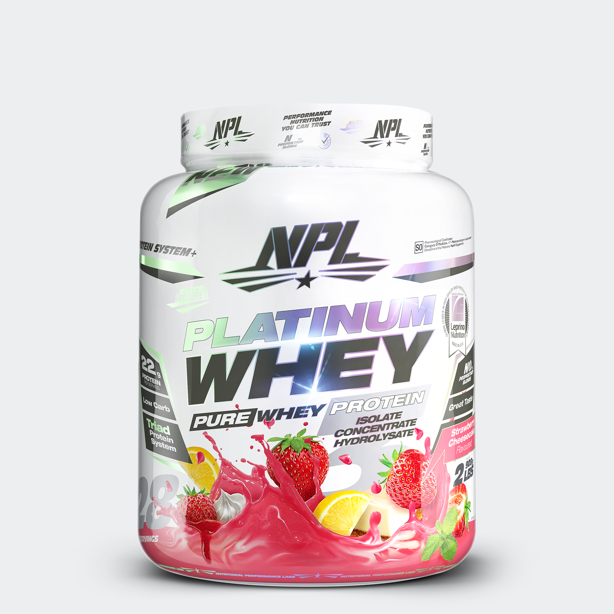 NPL Platinum Whey, a blend of isolate concentrate and hydroisolate for prolonged absorption and greater protein synthesis