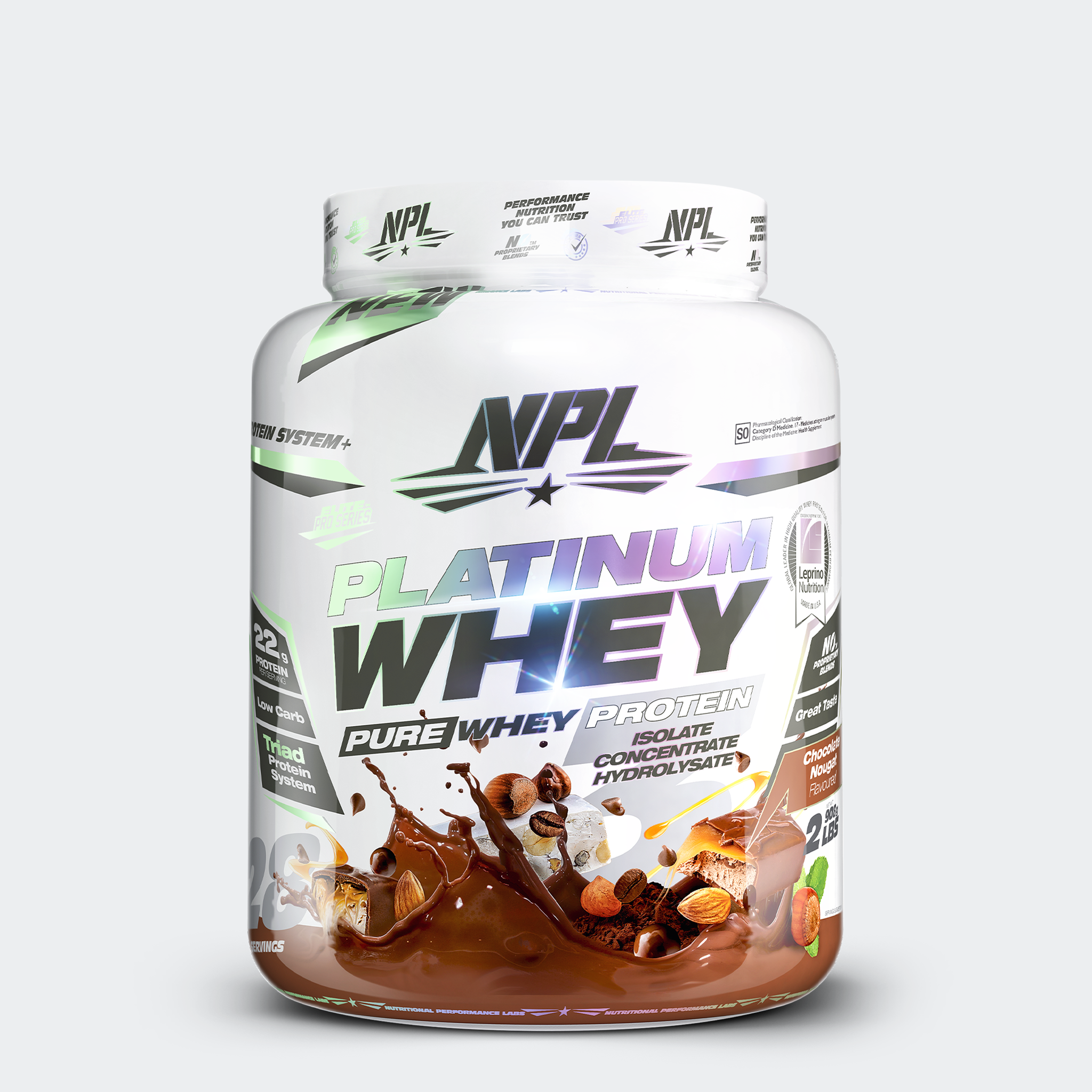 NPL Platinum Whey, a blend of isolate concentrate and hydroisolate for prolonged absorption and greater protein synthesis