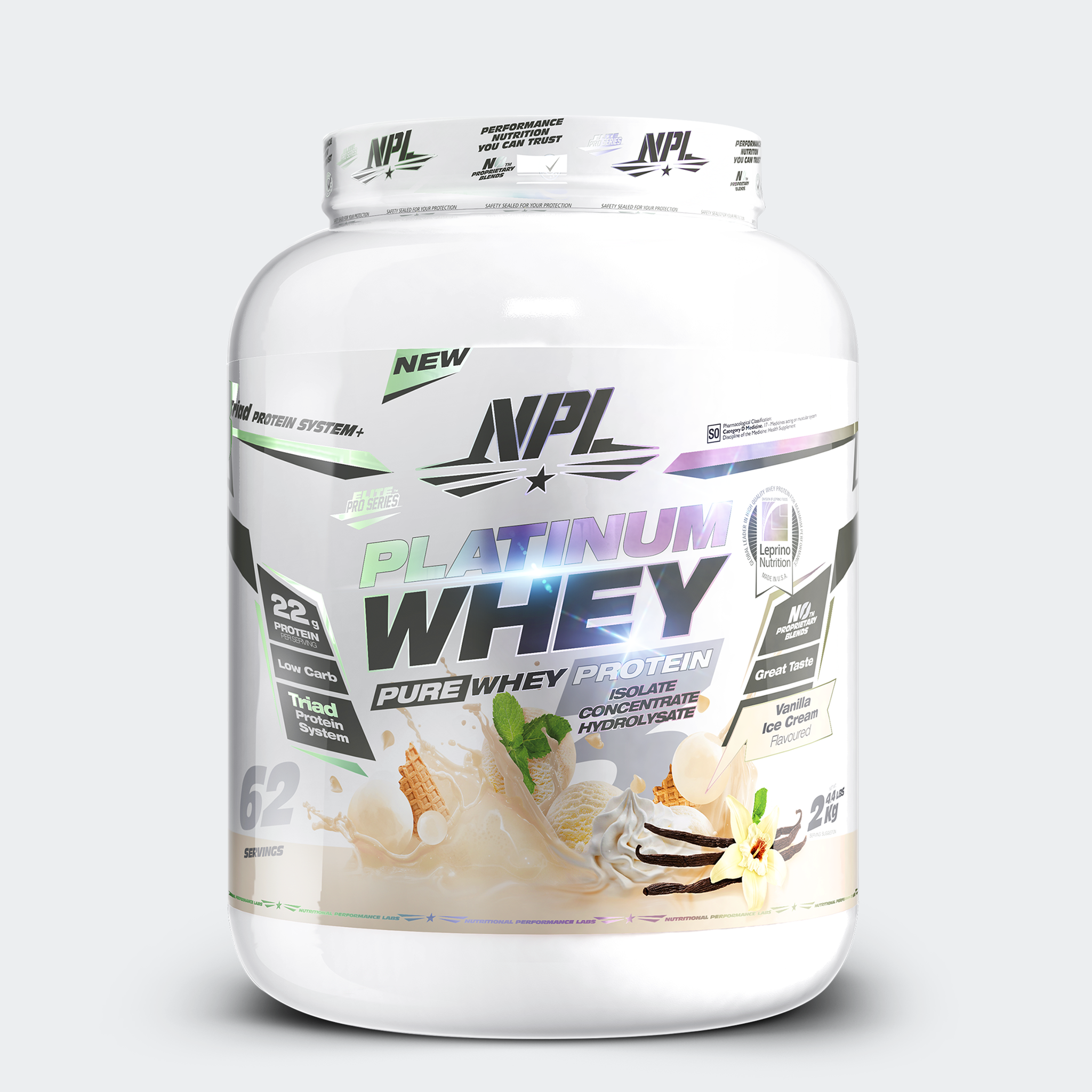 NPL Platinum Whey, a blend of isolate concentrate and hydroisolate for prolonged absorption and greater protein synthesis