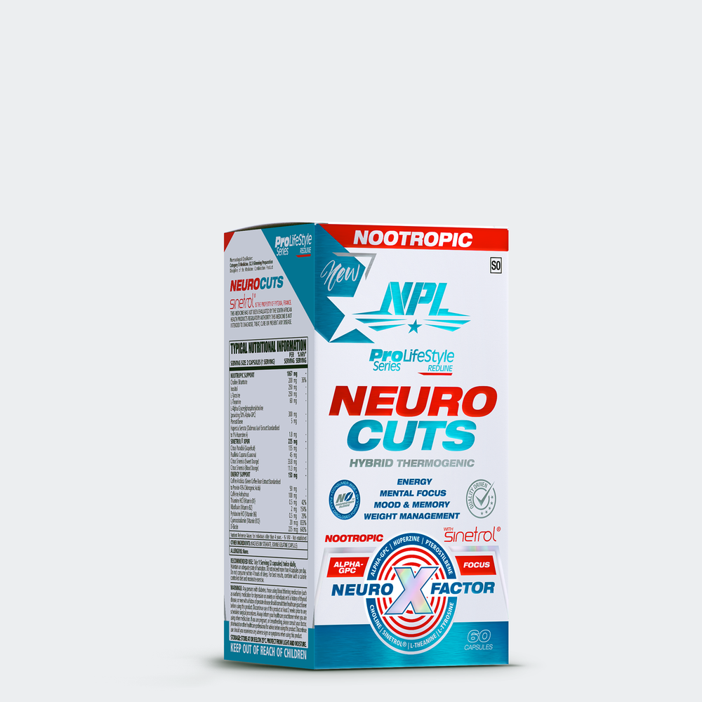 Neuro Cuts is powered by sinetrol xpur, a thermogenic aid and alpha gpc, a powerful nootropic and hybrid weight management system.