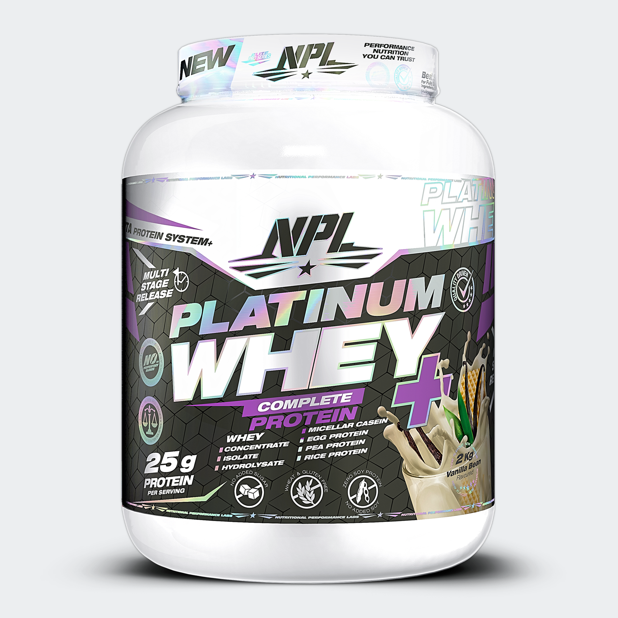 platinum whey plus, whey concentrate, isolate and hydroisolate as well as micellar casein protein and added egg, pea and rice protein. For rapid and prolonged absorption for several hours post workout.