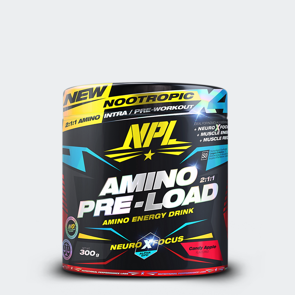NPL Amino Pre-load pre-workout featuring BCAA for added energy and performance - Candy apple flavour