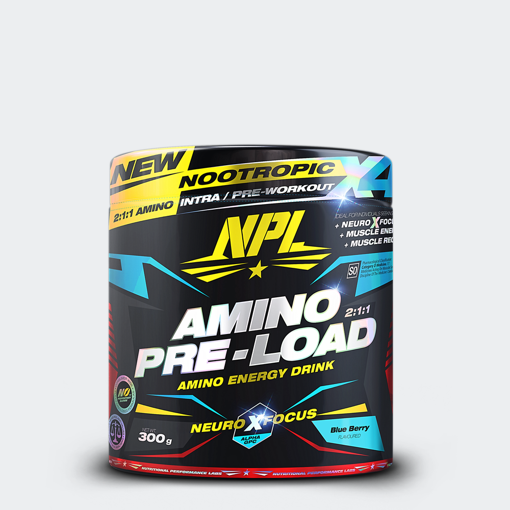 NPL Amino Pre-load pre-workout featuring BCAA for added energy and performance - Blueberry flavour