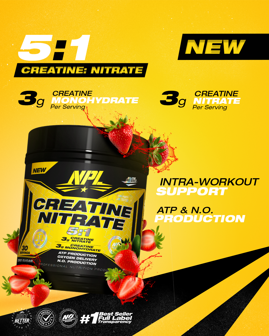 5:1 Creatine Nitrate — 3g creatine monohydrate plus 3g creatine nitrate per serving, intra-workout ATP and nitric oxide support