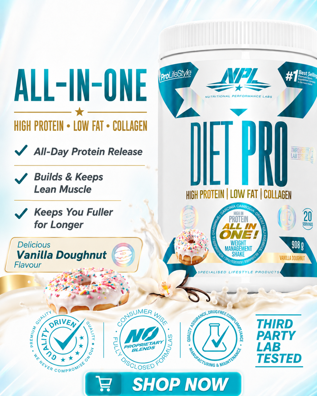 All-in-one Diet Pro — high protein, low fat and collagen, with all-day protein release, builds and keeps lean muscle, keeps you fuller for longer